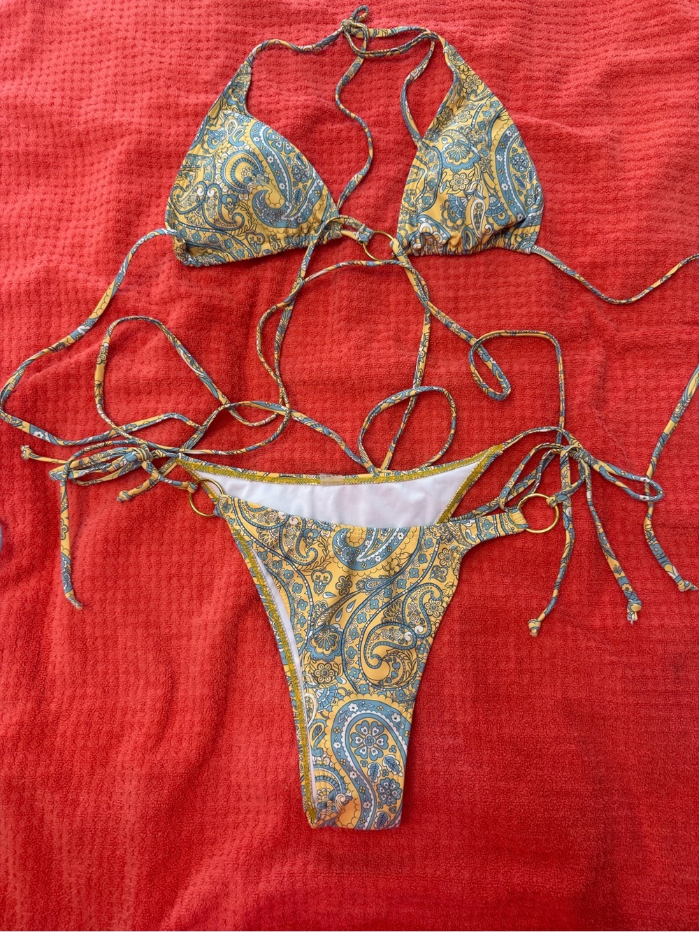 Yellow Paisley String Bikini Set with Ring Accent - Women's Swim